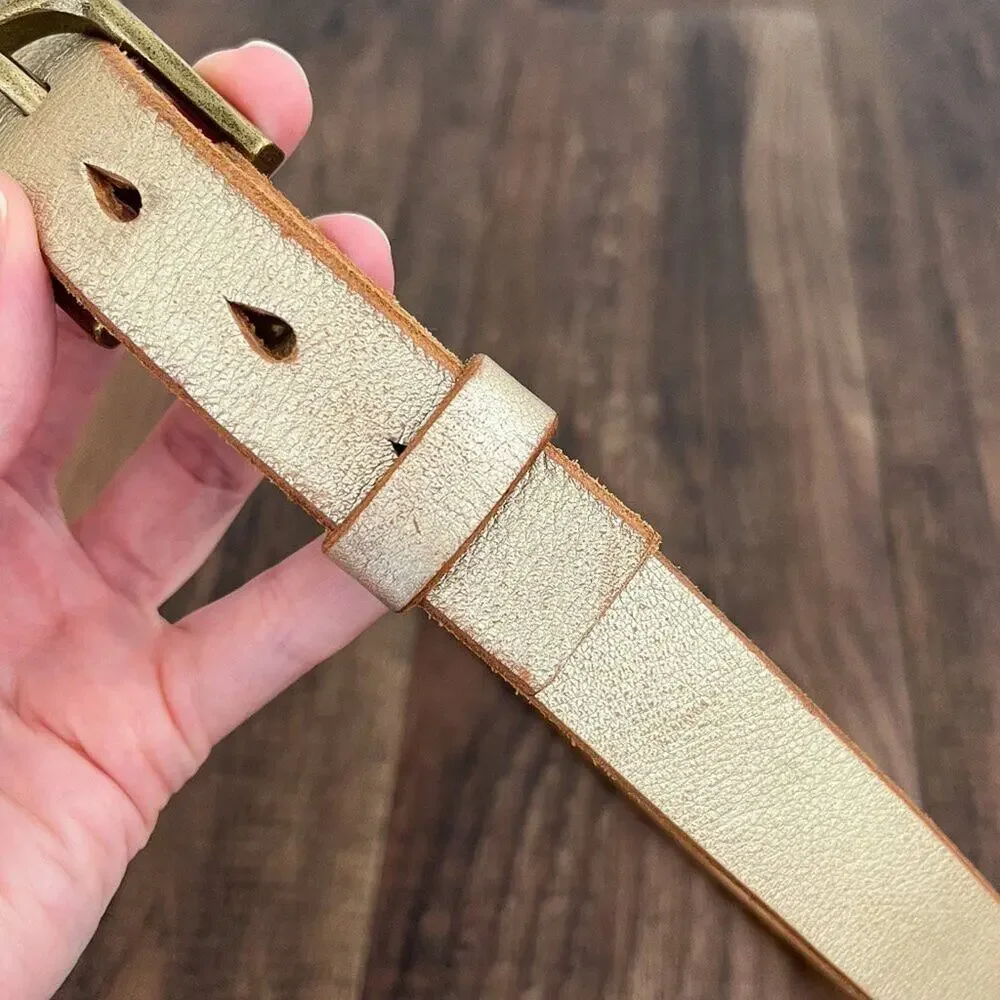 American Eagle Gold Leather Belt Boho Solid Brass Buckle USA Made Size Medium